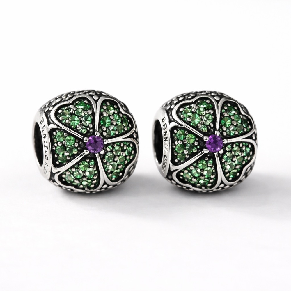 Pandora Set of 2 Flower Charms Sterling Silver Pave CZ & Purple Stone Authentic